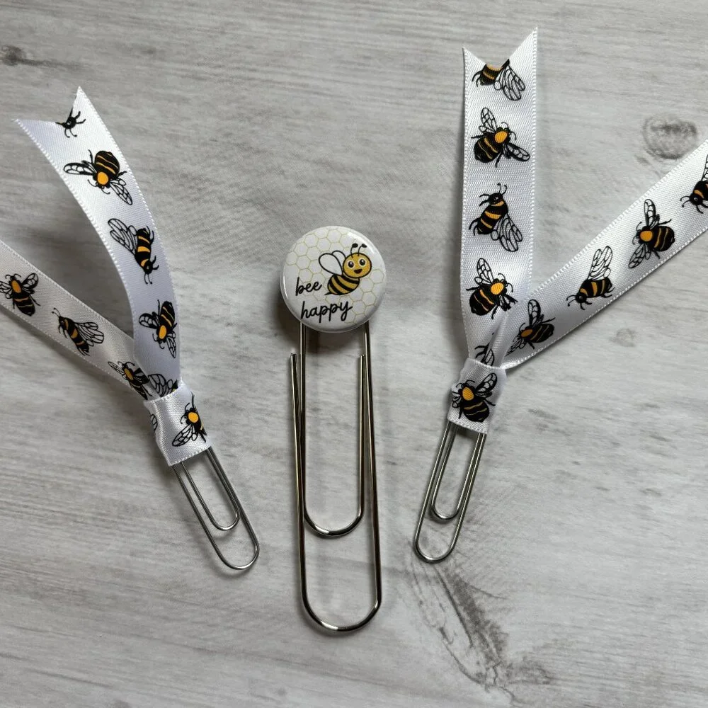 Bee Happy Jumbo Planner Clip Set - Cute Bee Ribbon Paperclips for Planners, Jour